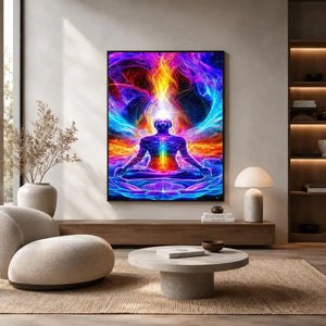 Neon cosmic meditation canvas art with chakra lotus energy for spiritual room decor.