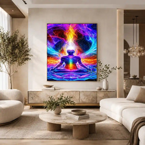 Neon cosmic meditation canvas art with chakra lotus energy for spiritual room decor.