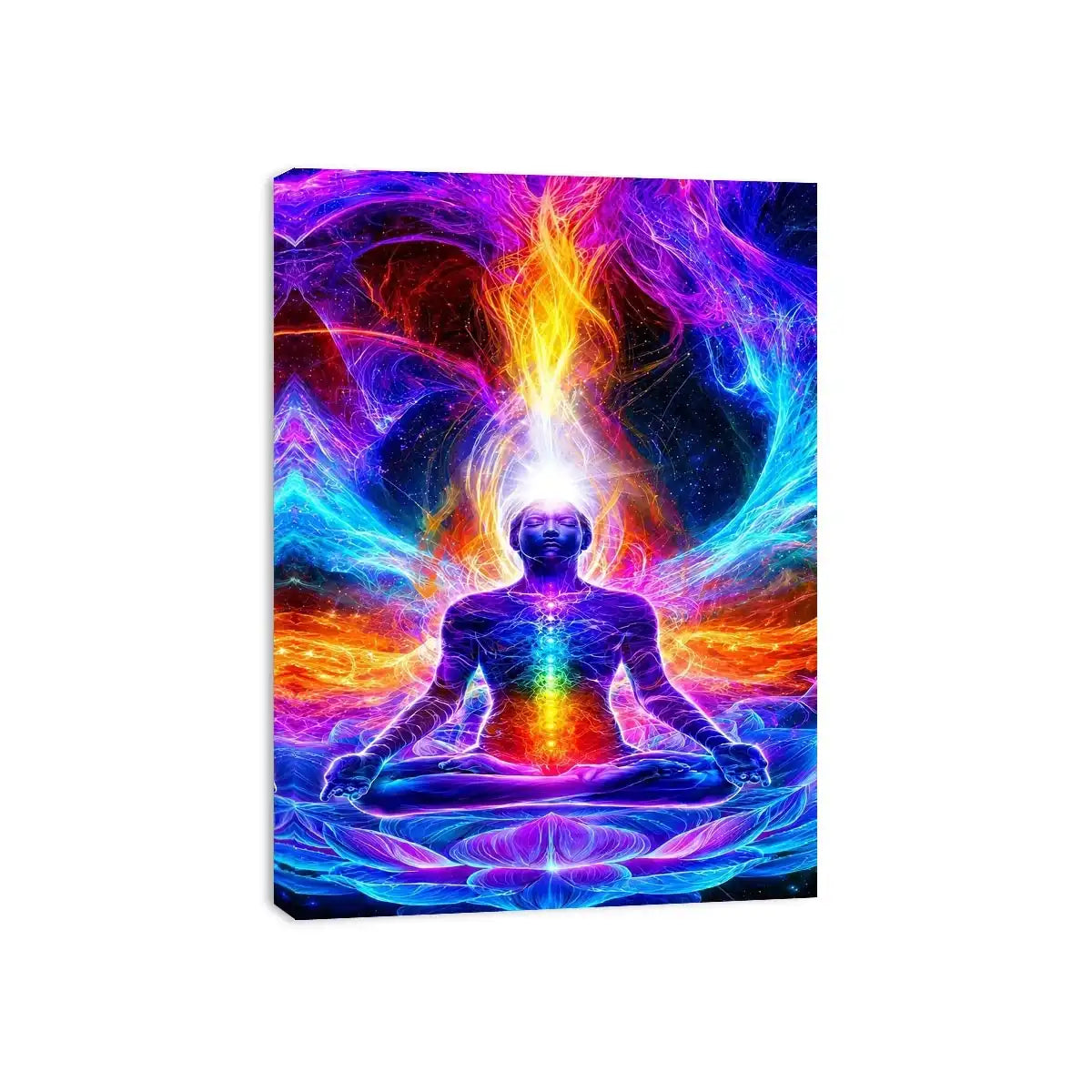 Neon cosmic meditation canvas art with chakra lotus energy for spiritual room decor.