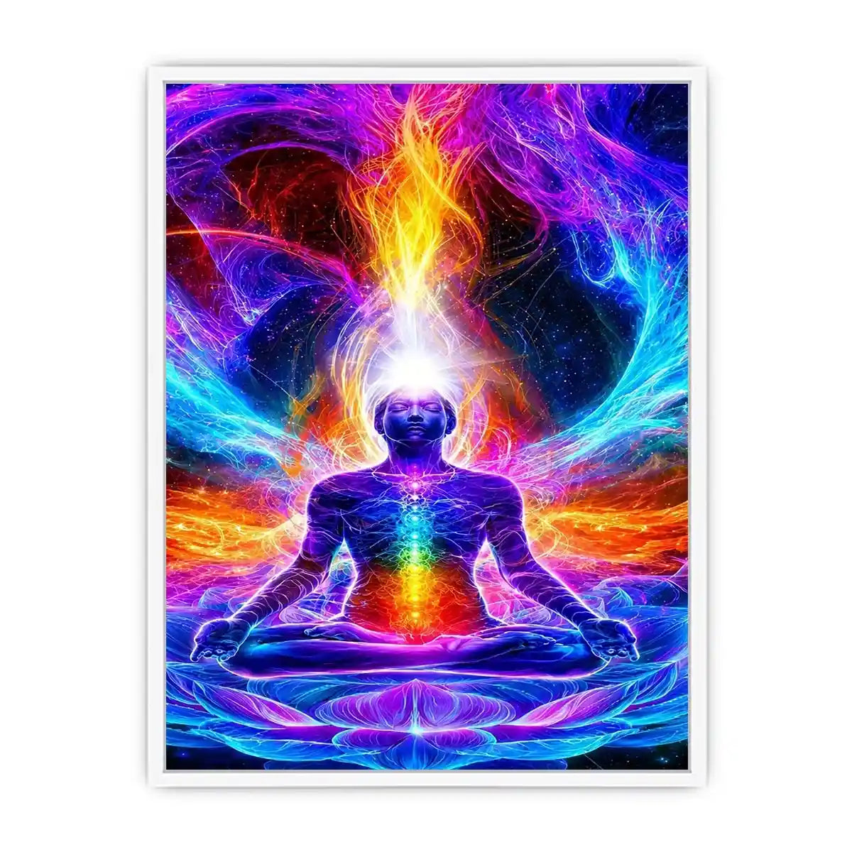 Neon cosmic meditation canvas art with chakra lotus energy for spiritual room decor.