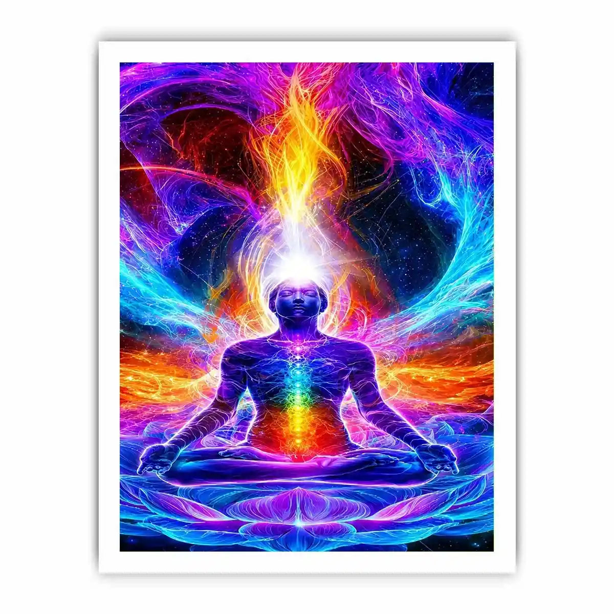 Neon cosmic meditation canvas art with chakra lotus energy for spiritual room decor.