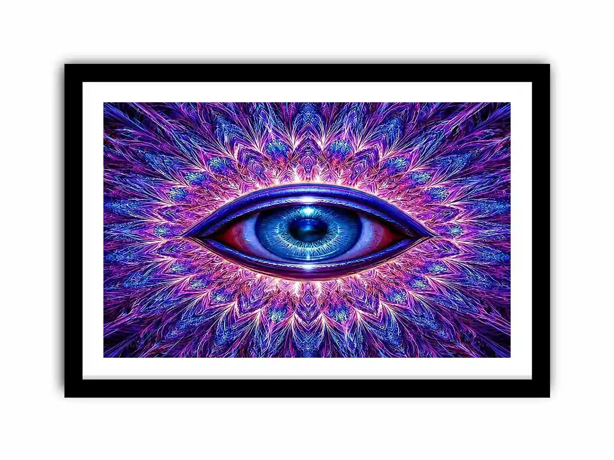 Neon blue eye abstract canvas art for bold modern living room decor.