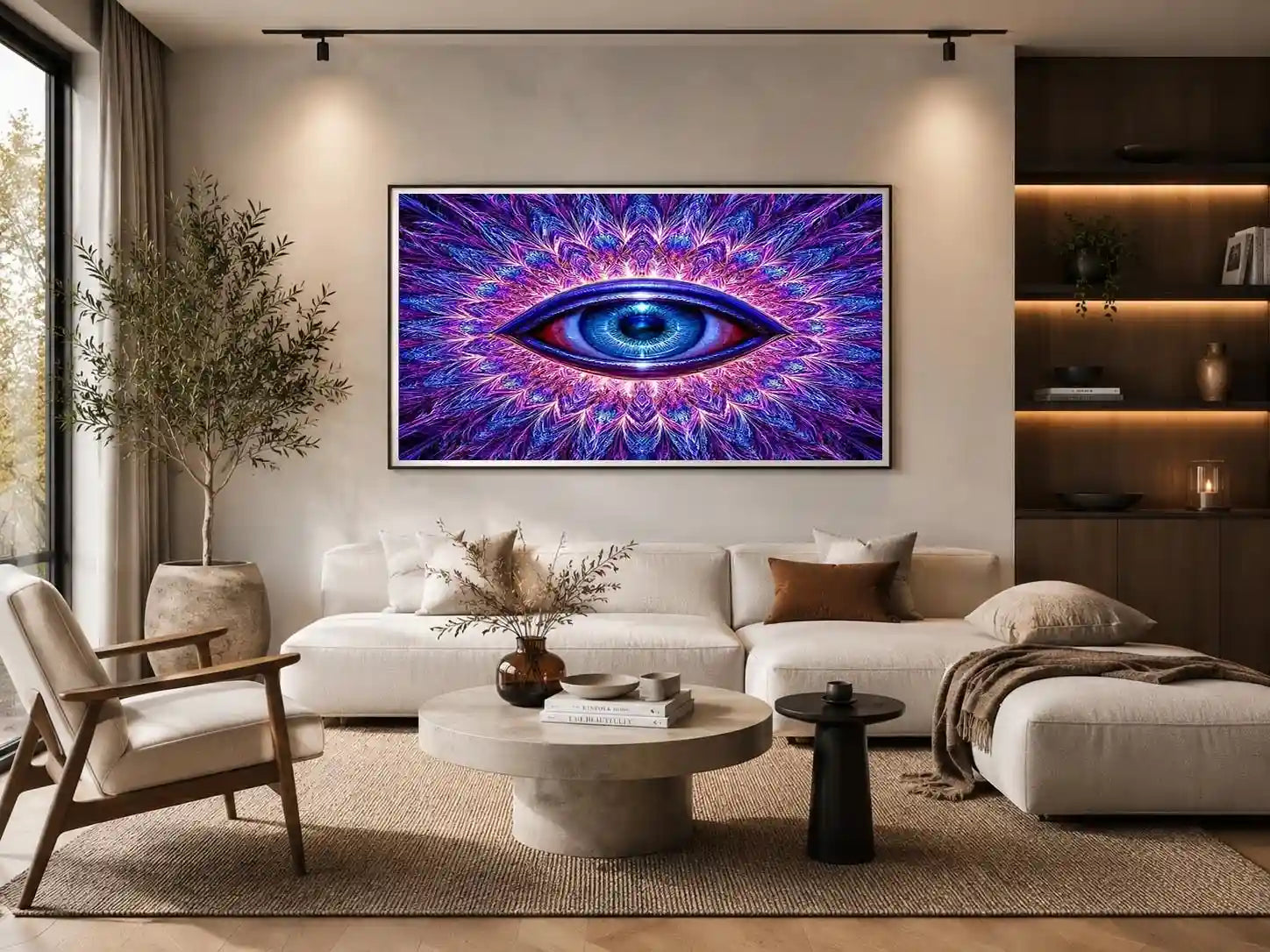 Neon blue eye abstract canvas art for bold modern living room decor.