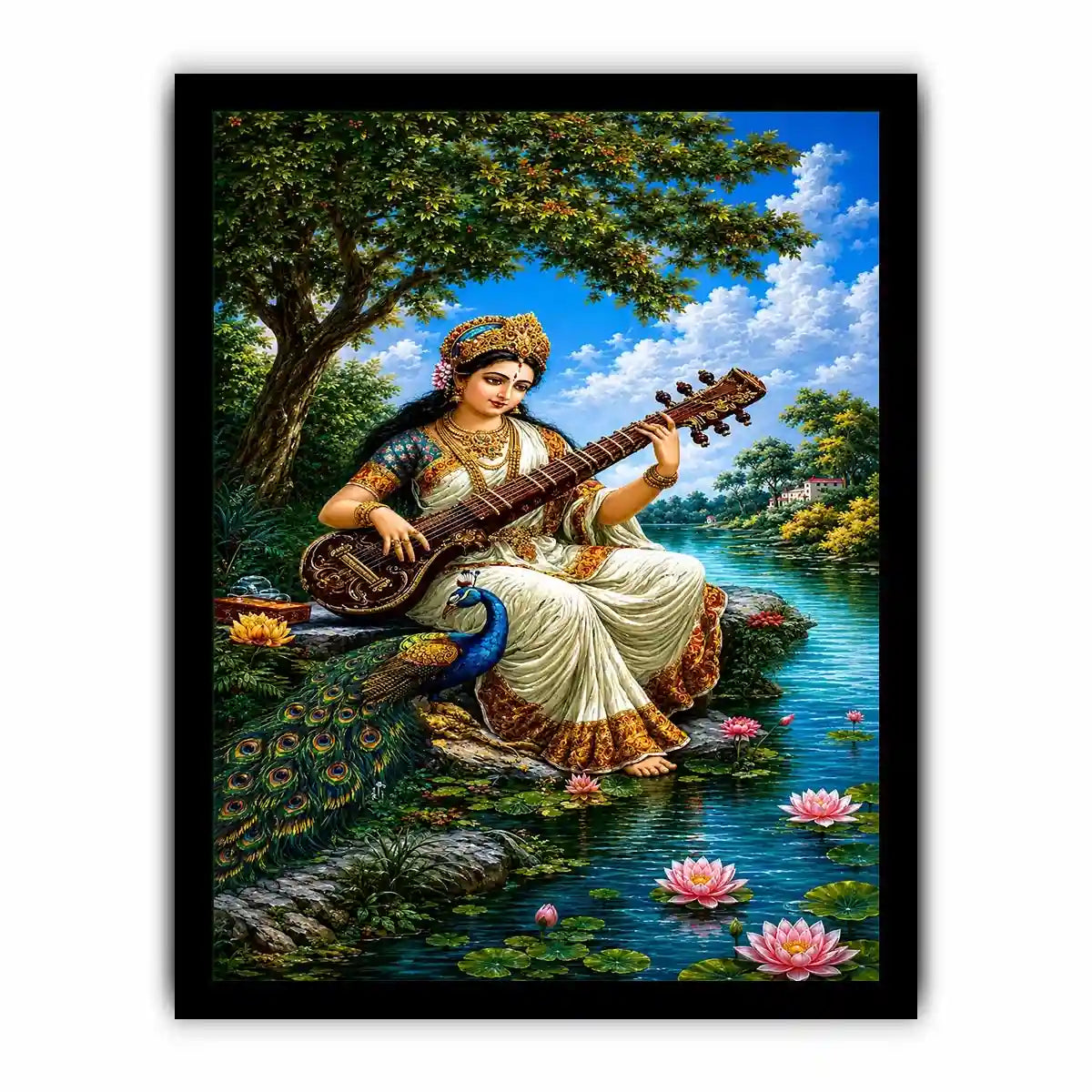 Saraswati goddess music canvas art for serene cultural home decor.