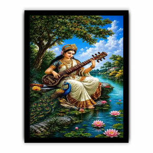 Saraswati goddess music canvas art for serene cultural home decor.