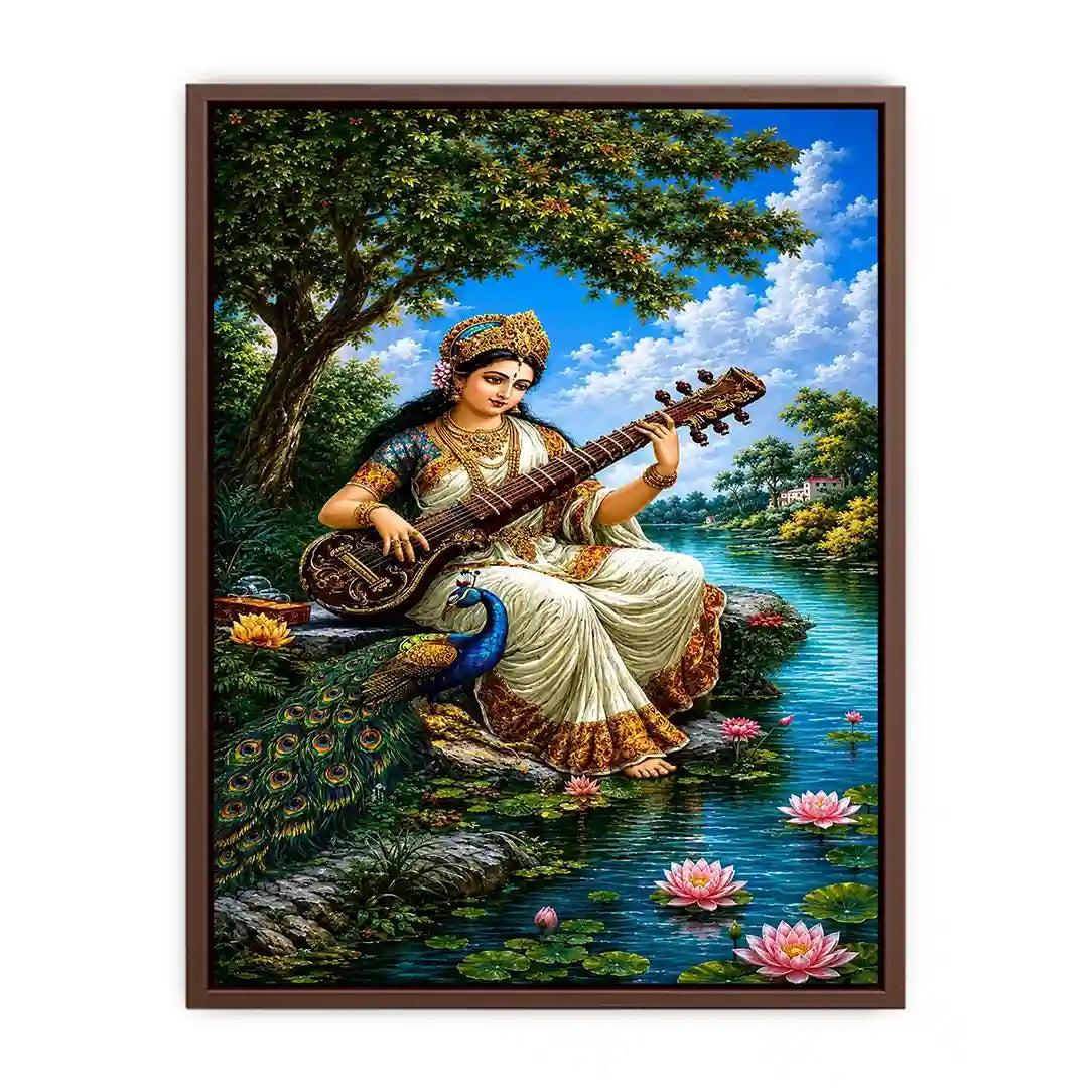 Saraswati goddess music canvas art for serene cultural home decor.
