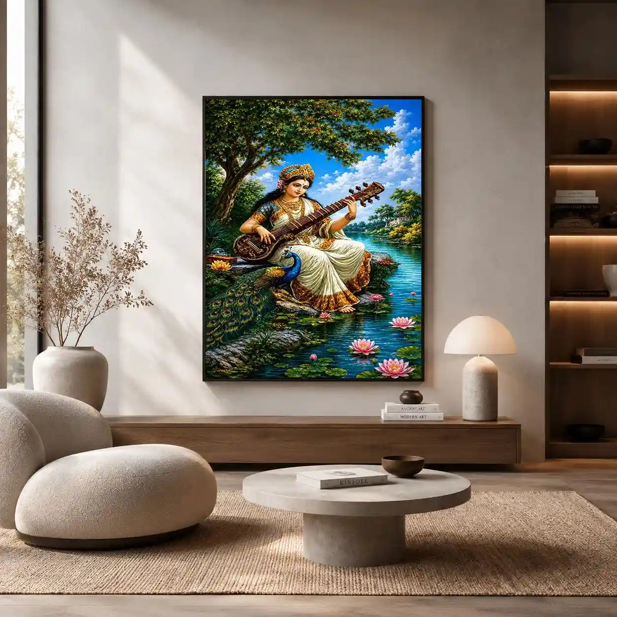 Saraswati goddess music canvas art for serene cultural home decor.