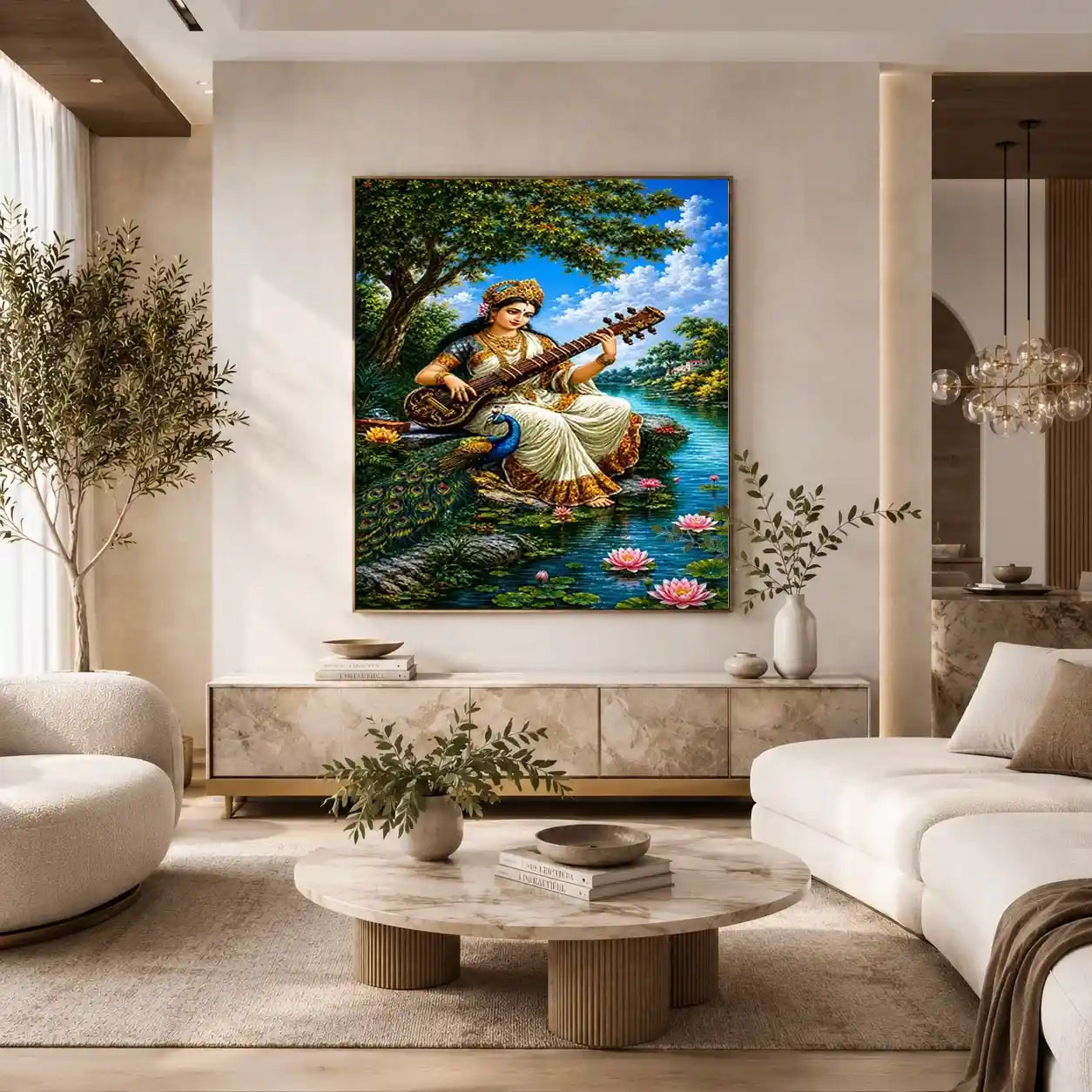 Saraswati goddess music canvas art for serene cultural home decor.