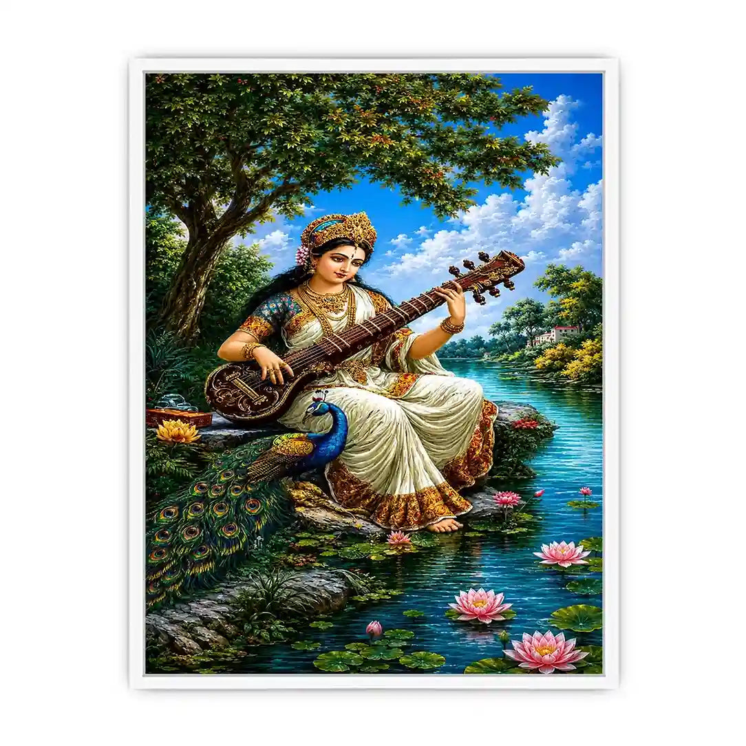 Saraswati goddess music canvas art for serene cultural home decor.