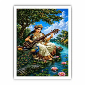 Saraswati goddess music canvas art for serene cultural home decor.