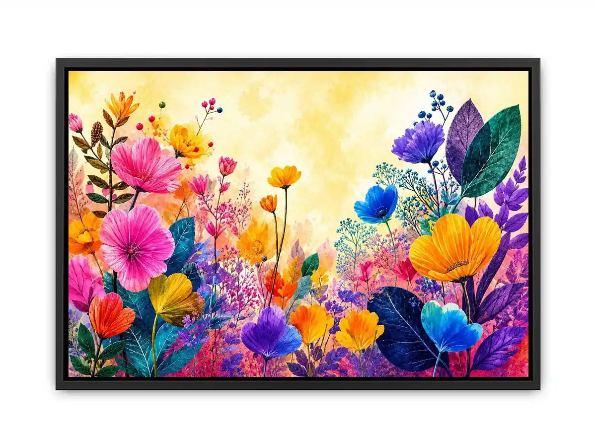 Colorful botanical flower canvas print for bright living room decor.