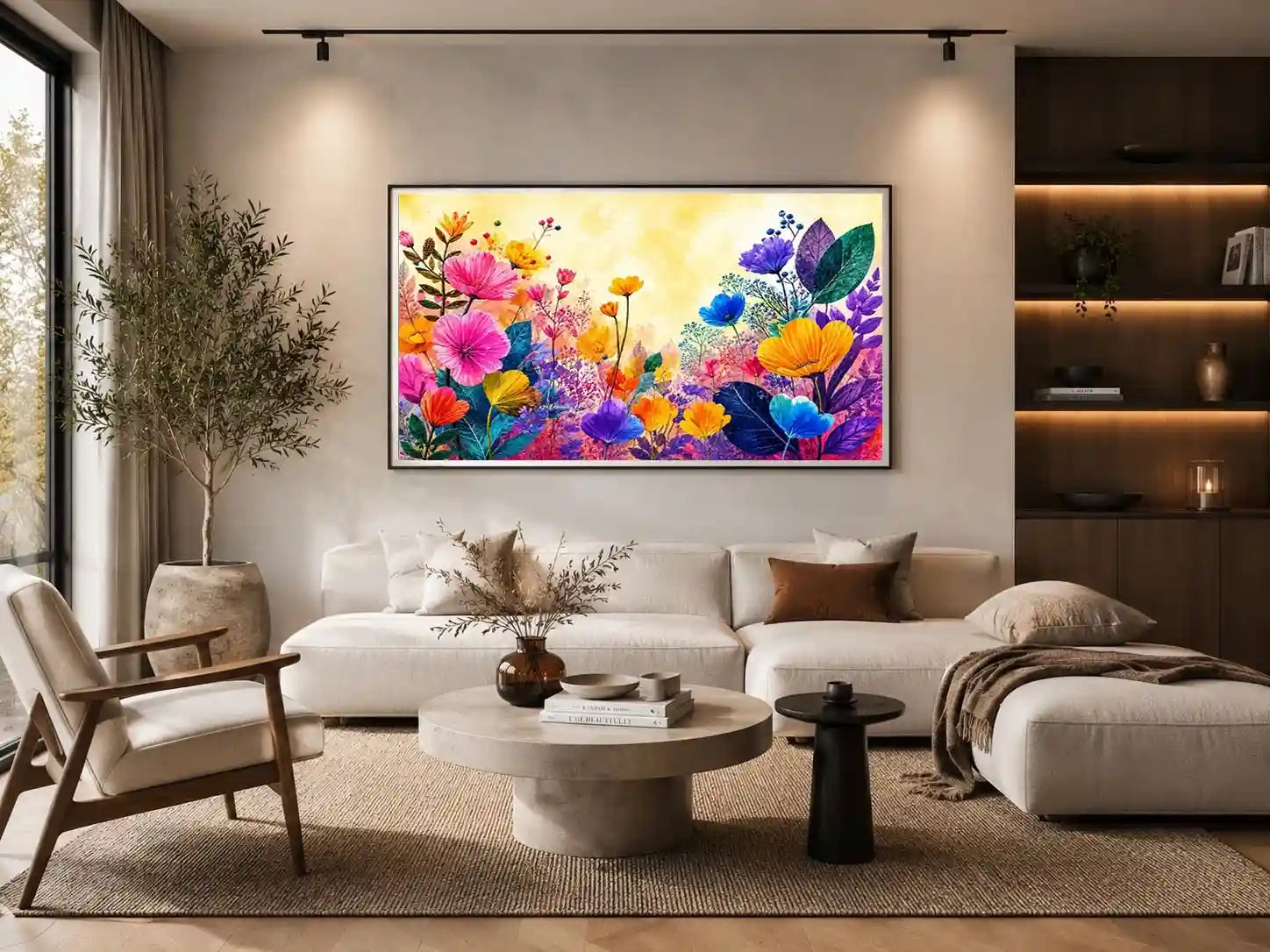 Colorful botanical flower canvas print for bright living room decor.