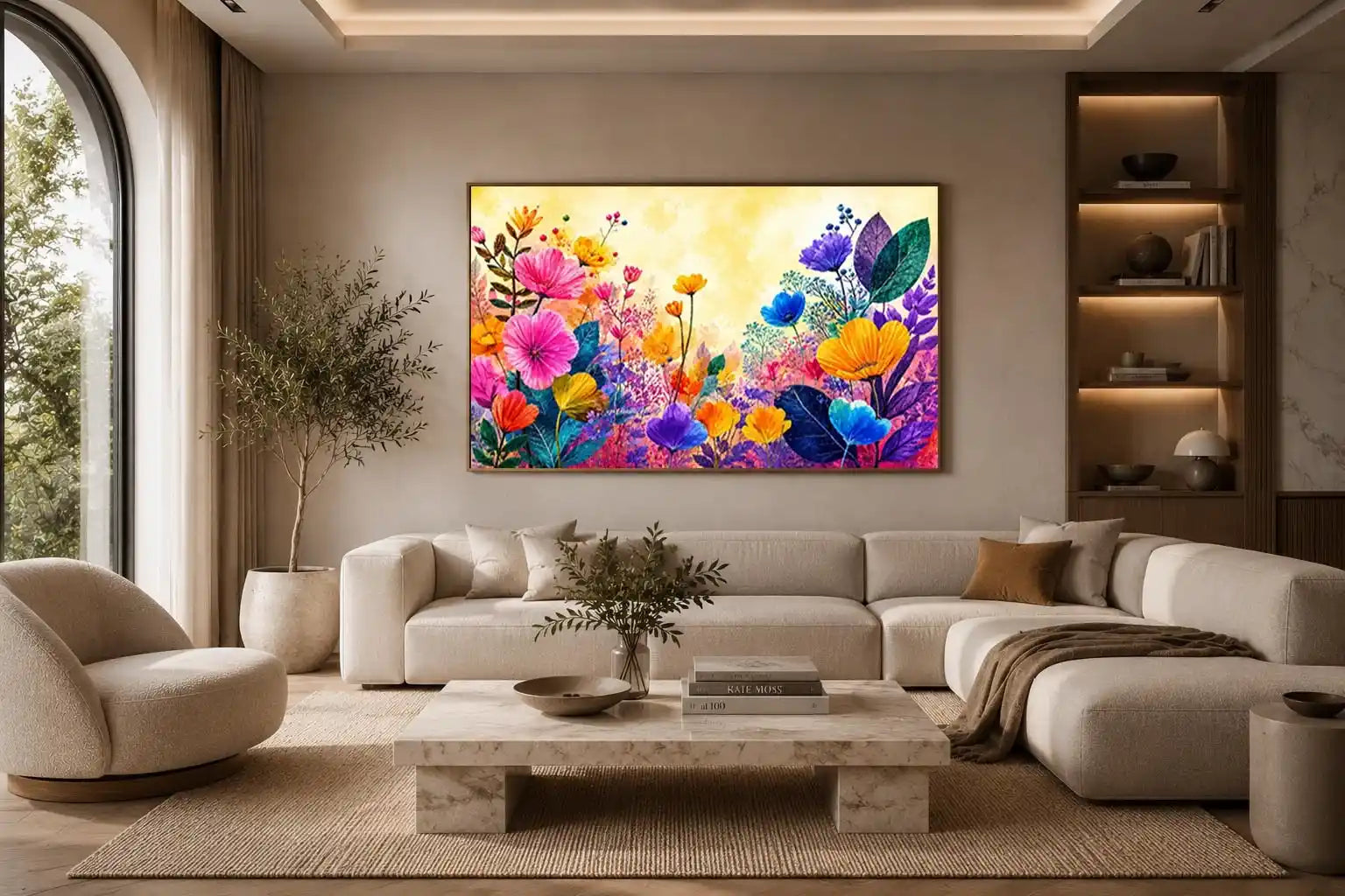 Colorful botanical flower canvas print for bright living room decor.
