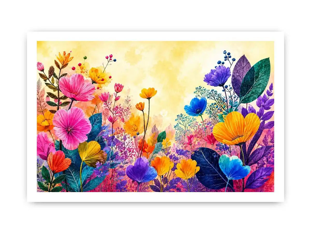 Colorful botanical flower canvas print for bright living room decor.