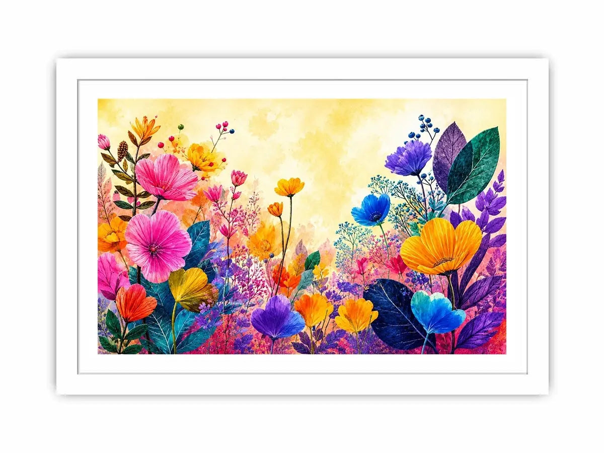 Colorful botanical flower canvas print for bright living room decor.