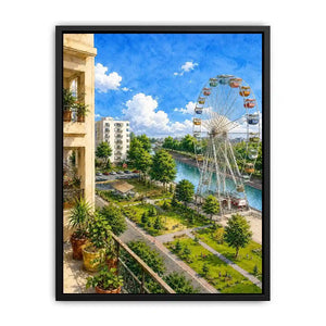 Watercolor riverside city canvas print for airy modern apartment decor.