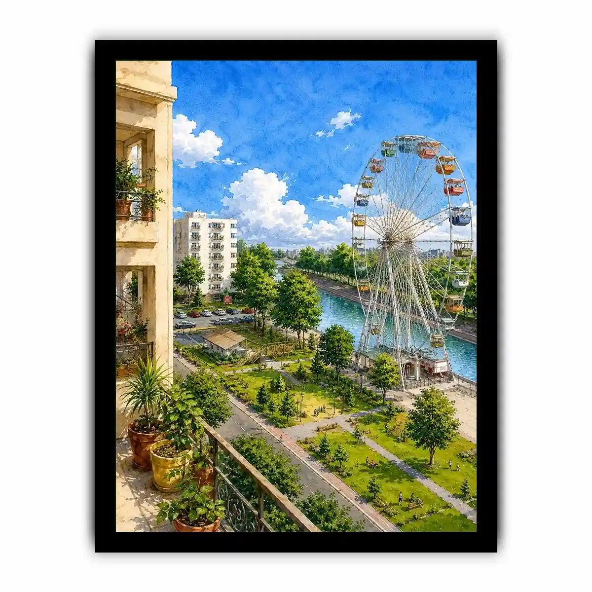 Watercolor riverside city canvas print for airy modern apartment decor.
