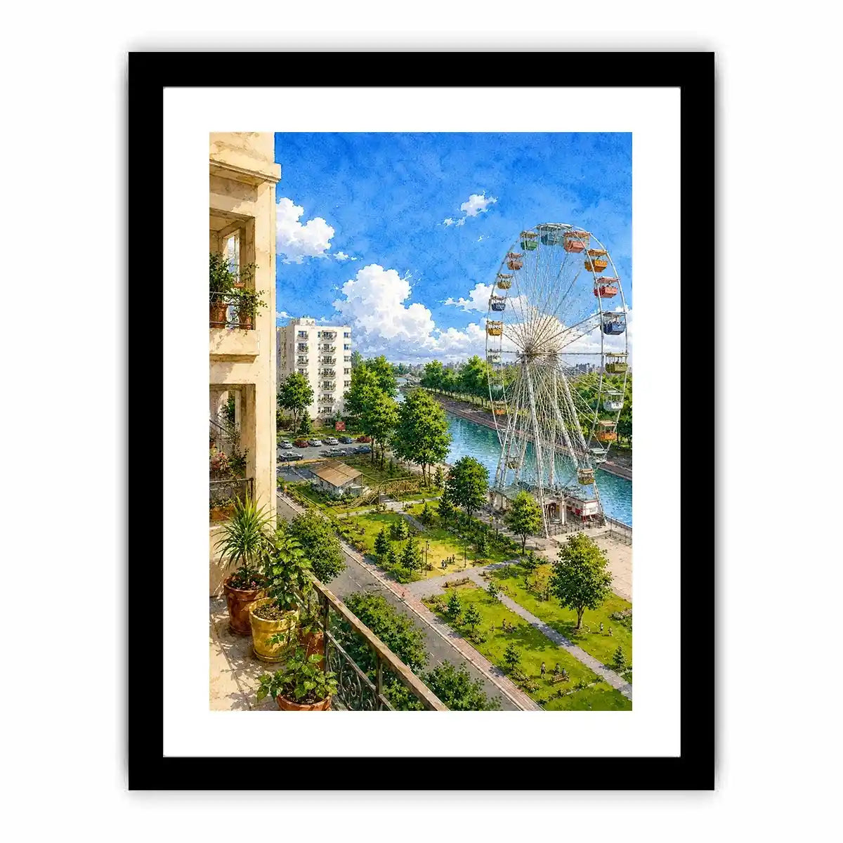Watercolor riverside city canvas print for airy modern apartment decor.