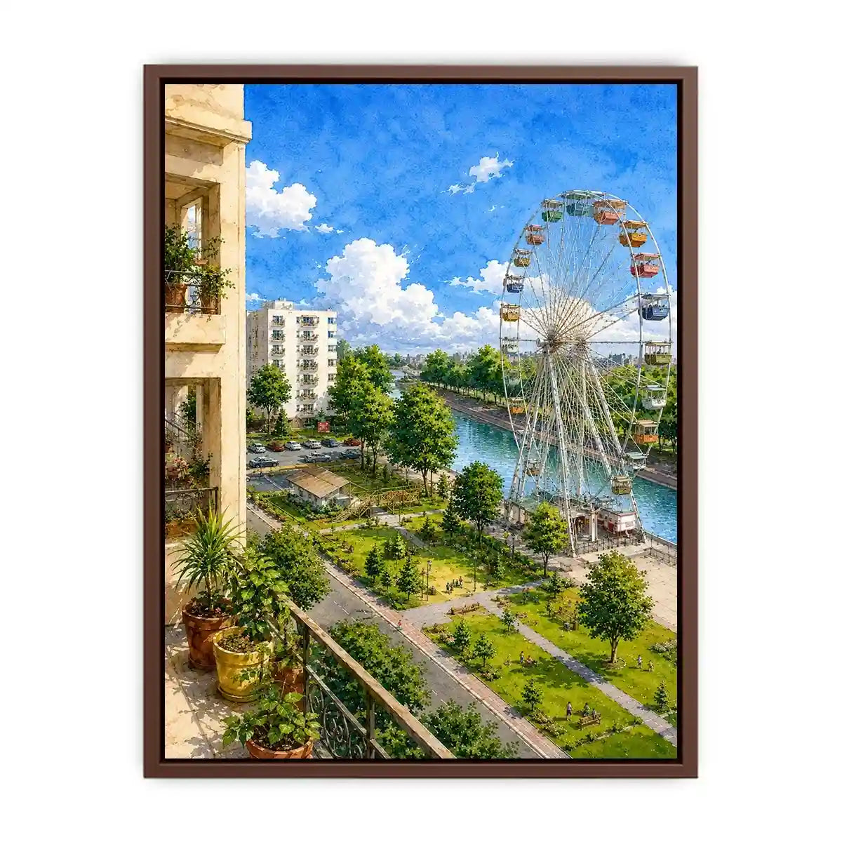 Watercolor riverside city canvas print for airy modern apartment decor.