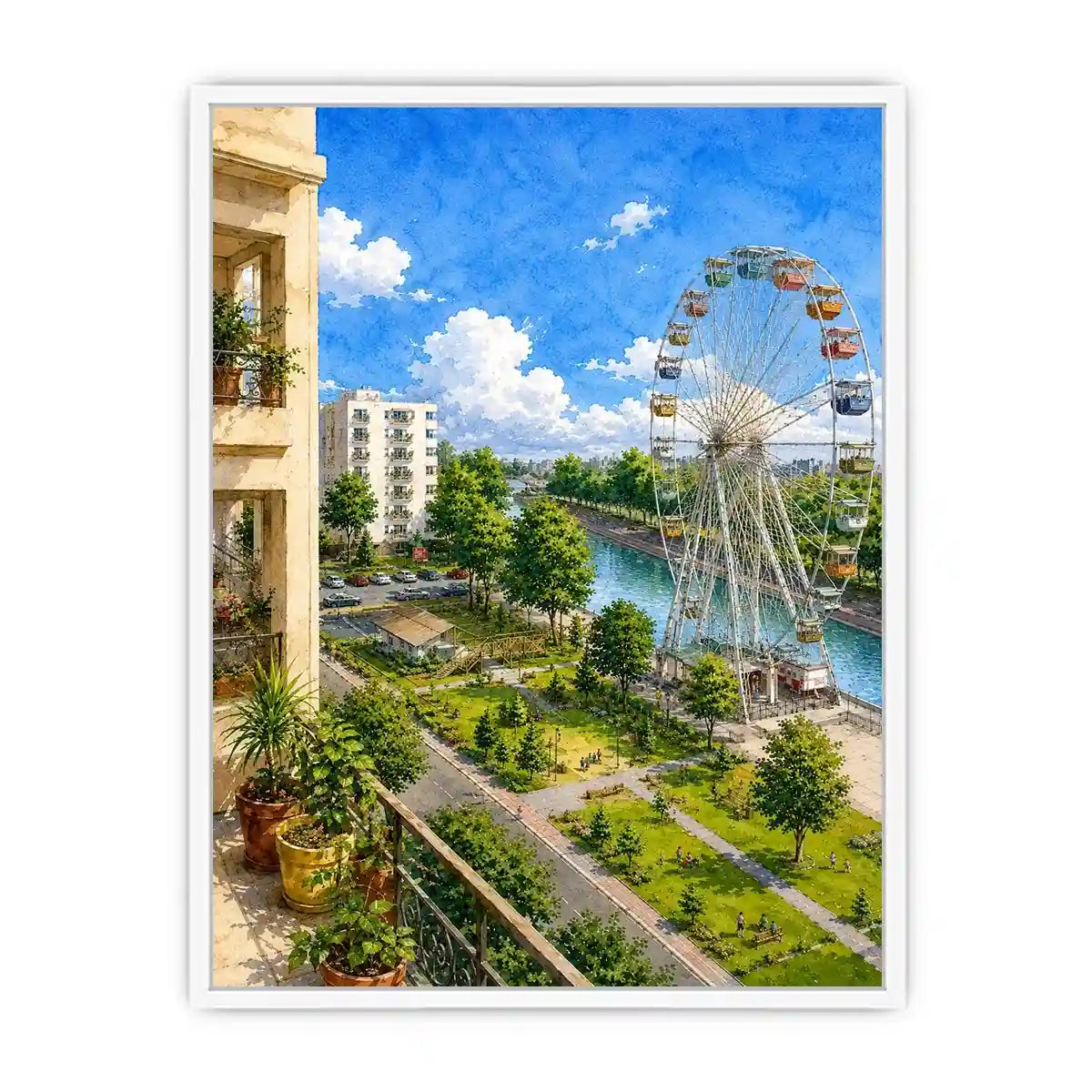 Watercolor riverside city canvas print for airy modern apartment decor.