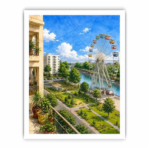 Watercolor riverside city canvas print for airy modern apartment decor.
