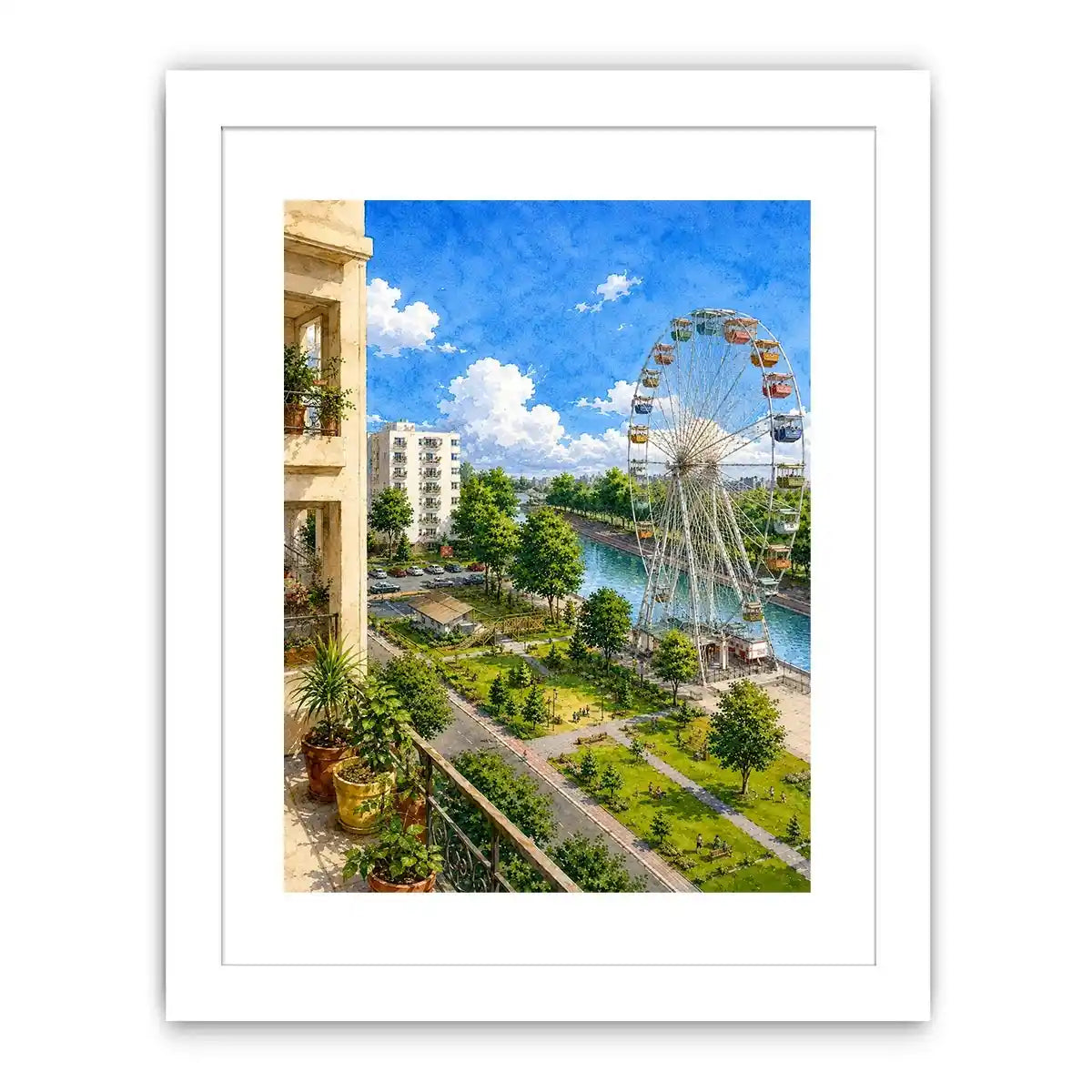 Watercolor riverside city canvas print for airy modern apartment decor.