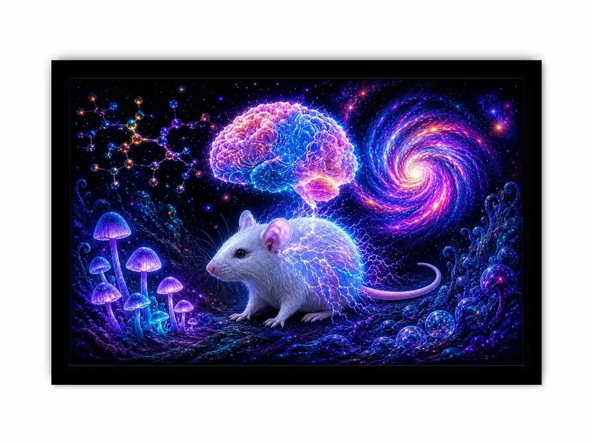 Surreal cosmic mouse canvas art for creative office and study decor.