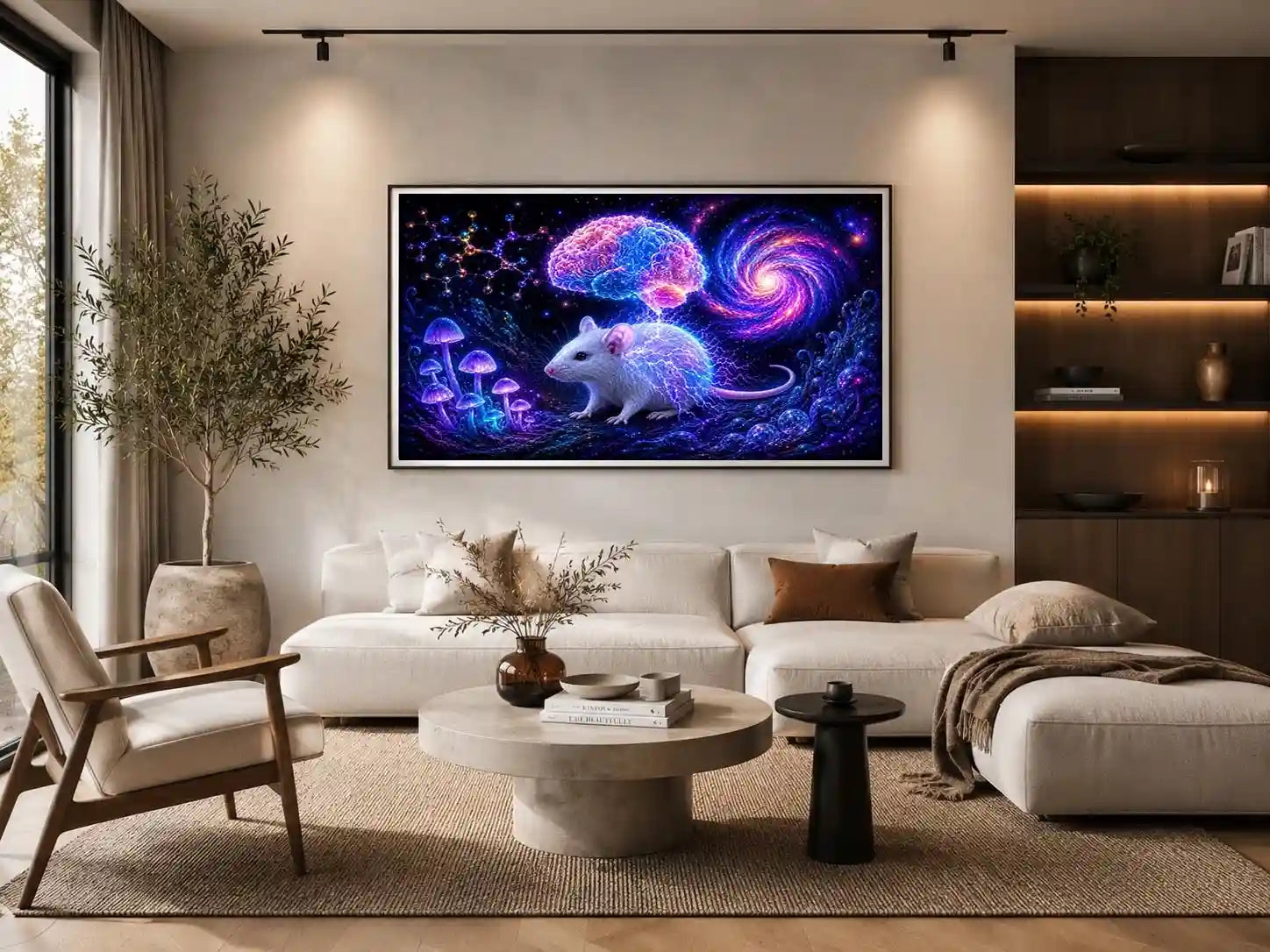 Surreal cosmic mouse canvas art for creative office and study decor.