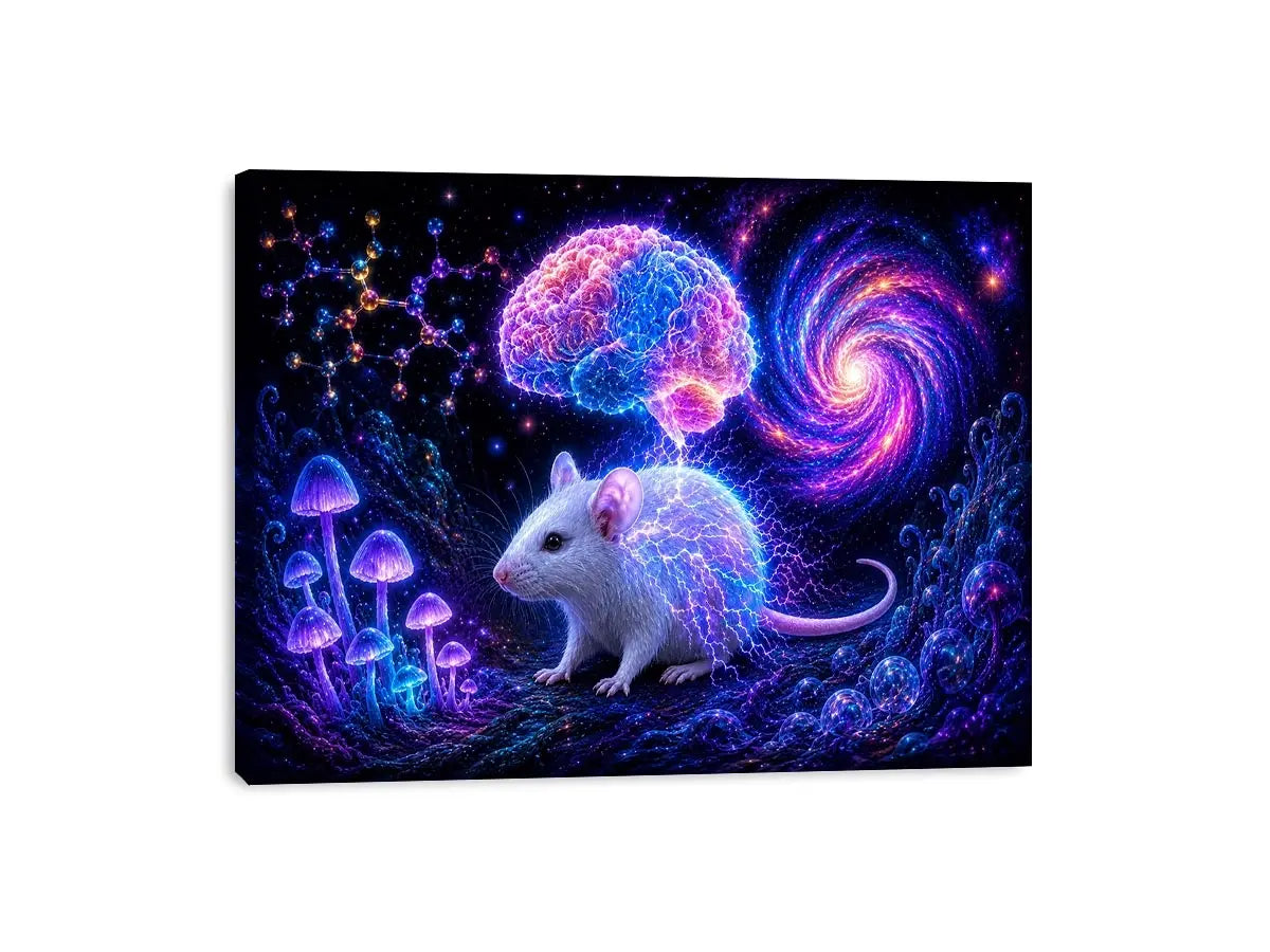 Surreal cosmic mouse canvas art for creative office and study decor.