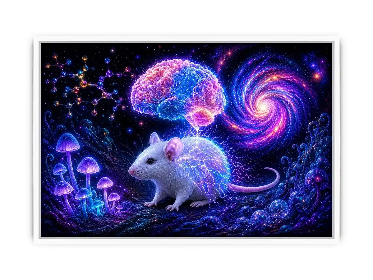 Surreal cosmic mouse canvas art for creative office and study decor.