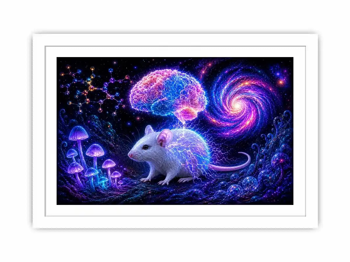 Surreal cosmic mouse canvas art for creative office and study decor.