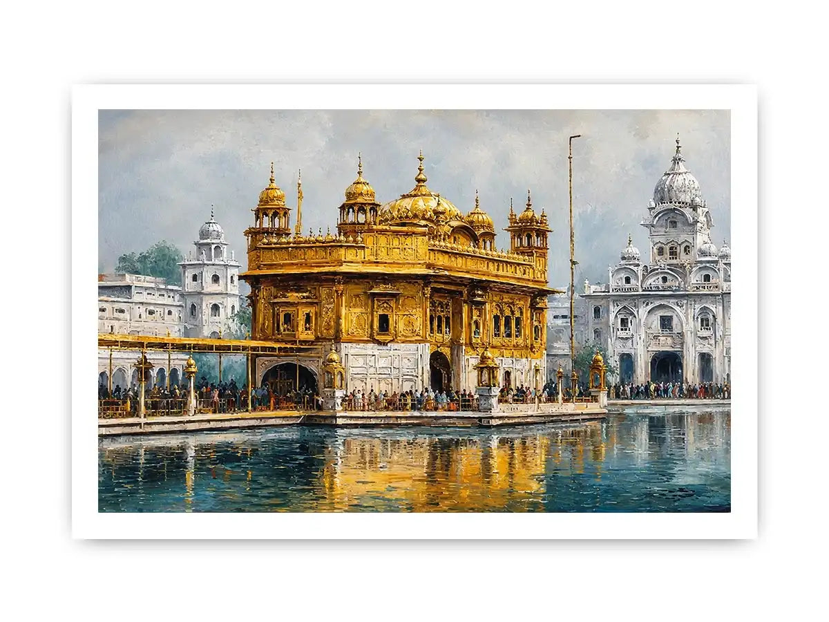 Golden Temple canvas art with serene reflection for spiritual home decor.