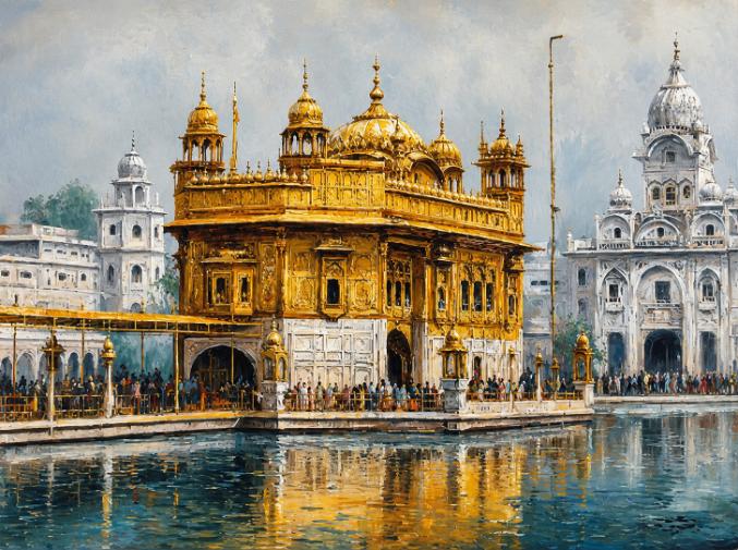 Golden Temple canvas art with serene reflection for spiritual home decor.