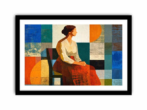 Mid-century geometric woman canvas print for modern living room decor.