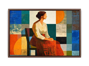 Mid-century geometric woman canvas print for modern living room decor.