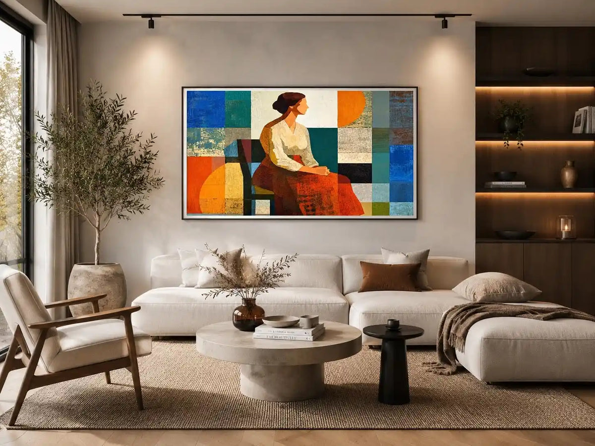 Mid-century geometric woman canvas print for modern living room decor.
