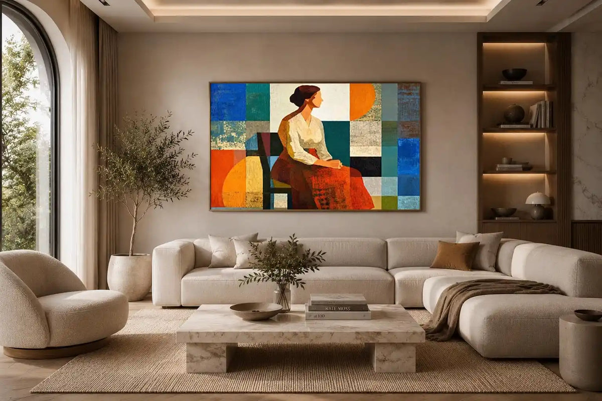 Mid-century geometric woman canvas print for modern living room decor.