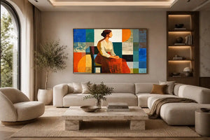 Mid-century geometric woman canvas print for modern living room decor.