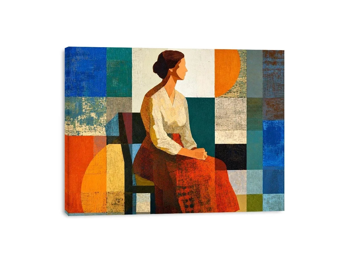Mid-century geometric woman canvas print for modern living room decor.