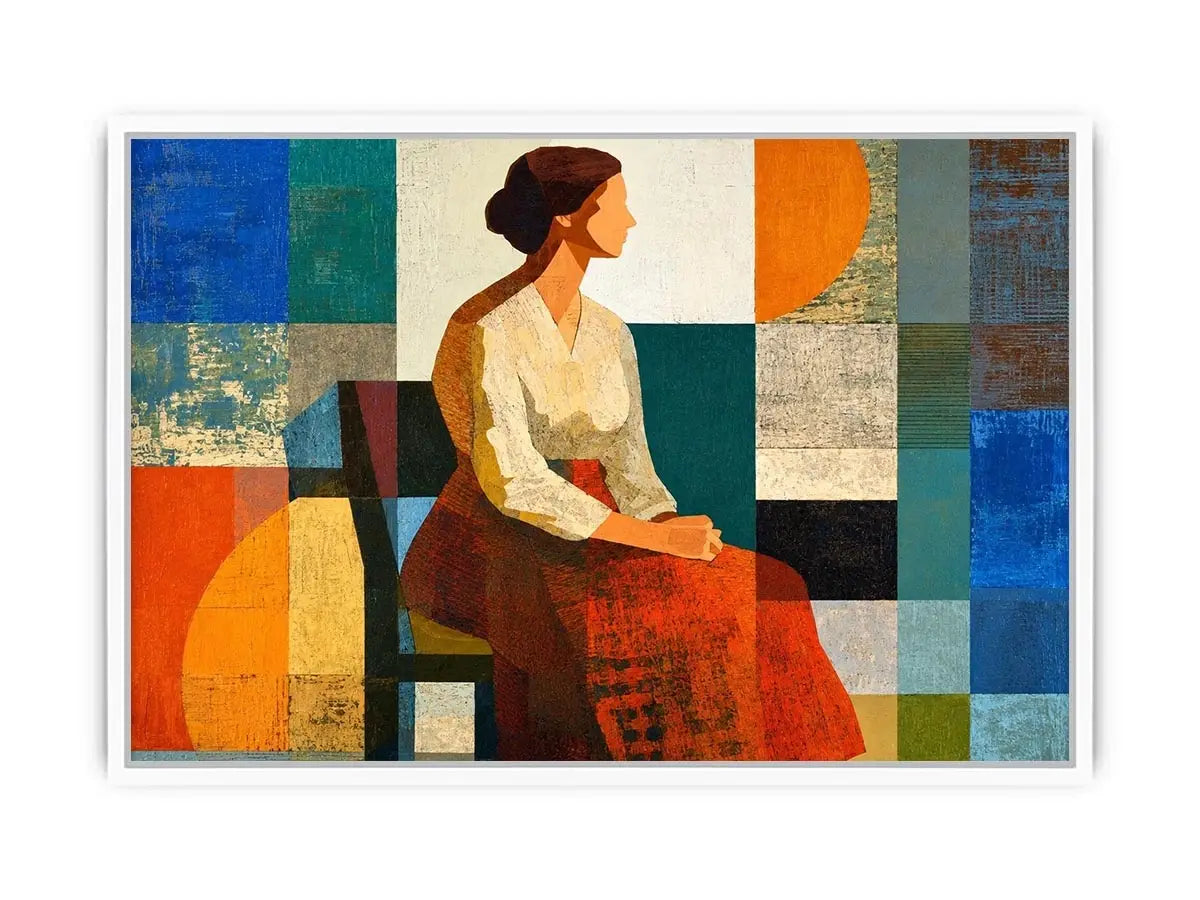 Mid-century geometric woman canvas print for modern living room decor.