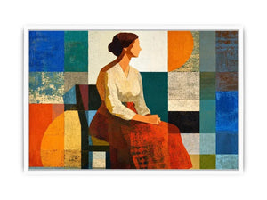 Mid-century geometric woman canvas print for modern living room decor.