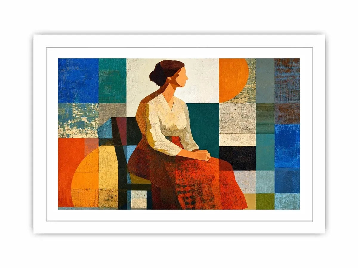 Mid-century geometric woman canvas print for modern living room decor.