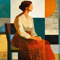 Mid-century geometric woman canvas print for modern living room decor.