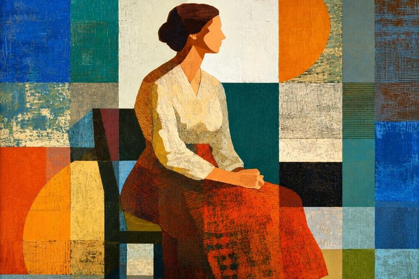Mid-century geometric woman canvas print for modern living room decor.
