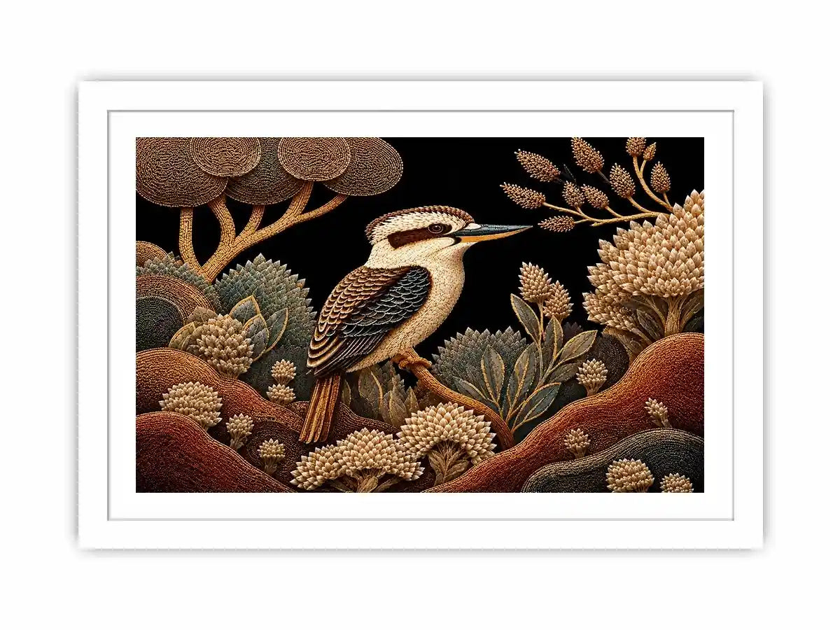 Kookaburra bird canvas print with native botanicals for refined home decor.