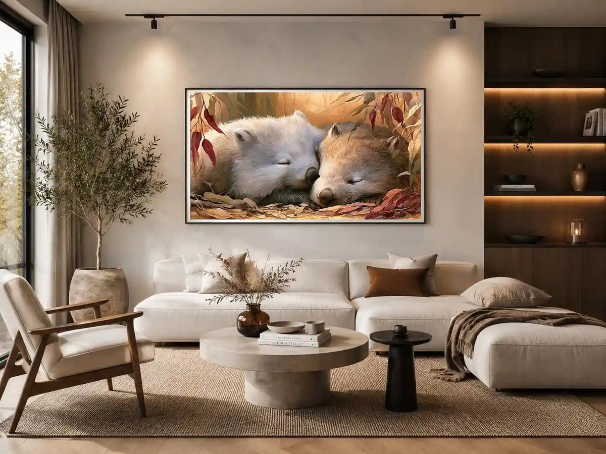 Sleeping wombats wildlife canvas art with eucalyptus leaves for nursery or living room decor.