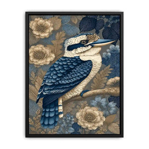 Blue kookaburra canvas print with botanical detail for elegant room decor.