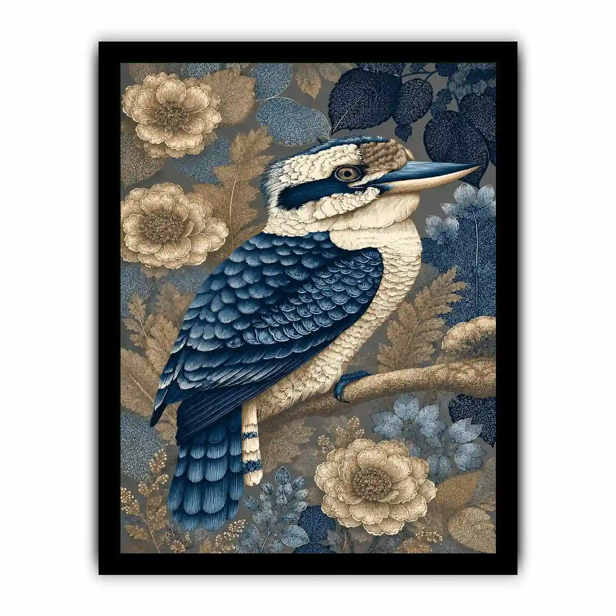 Blue kookaburra canvas print with botanical detail for elegant room decor.