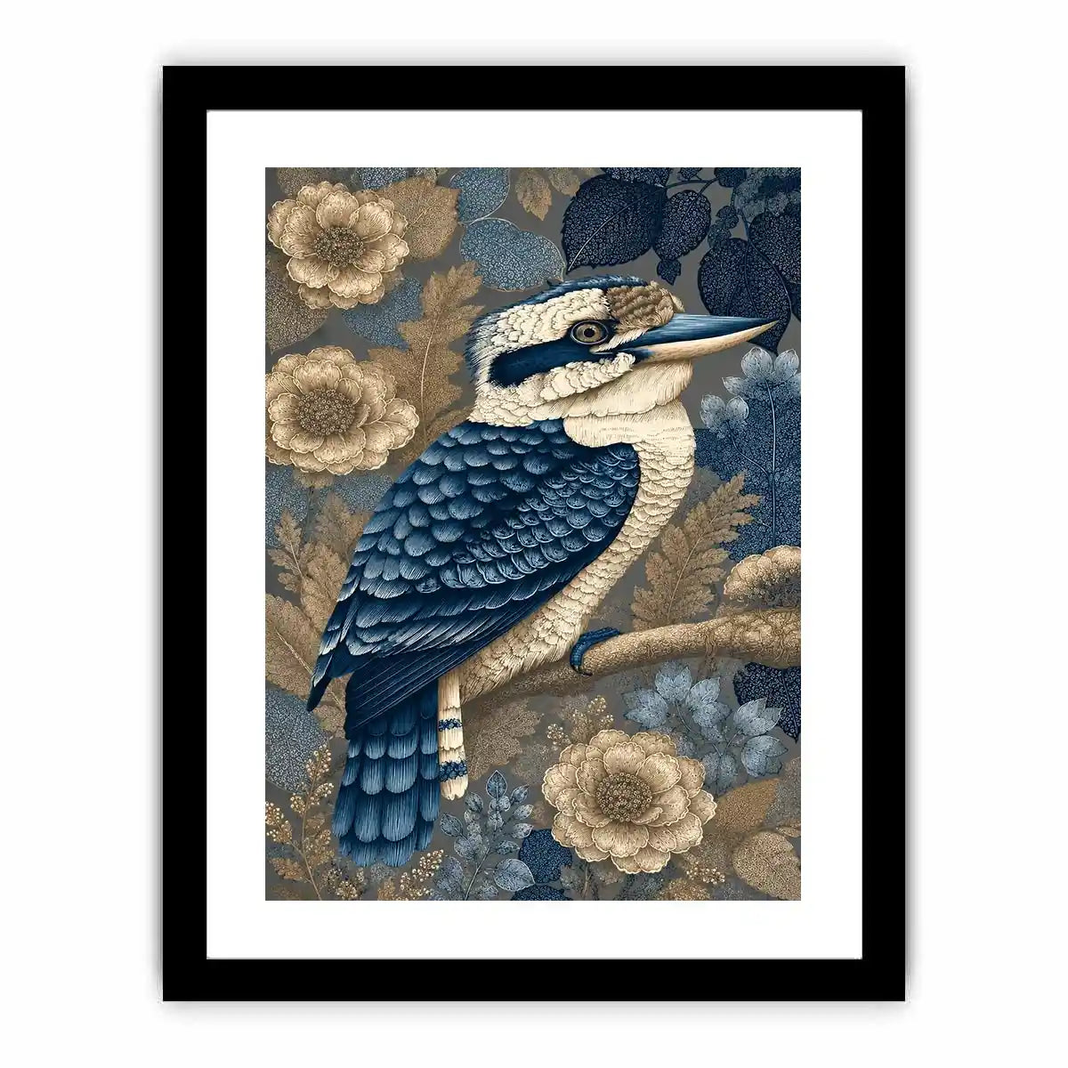 Blue kookaburra canvas print with botanical detail for elegant room decor.