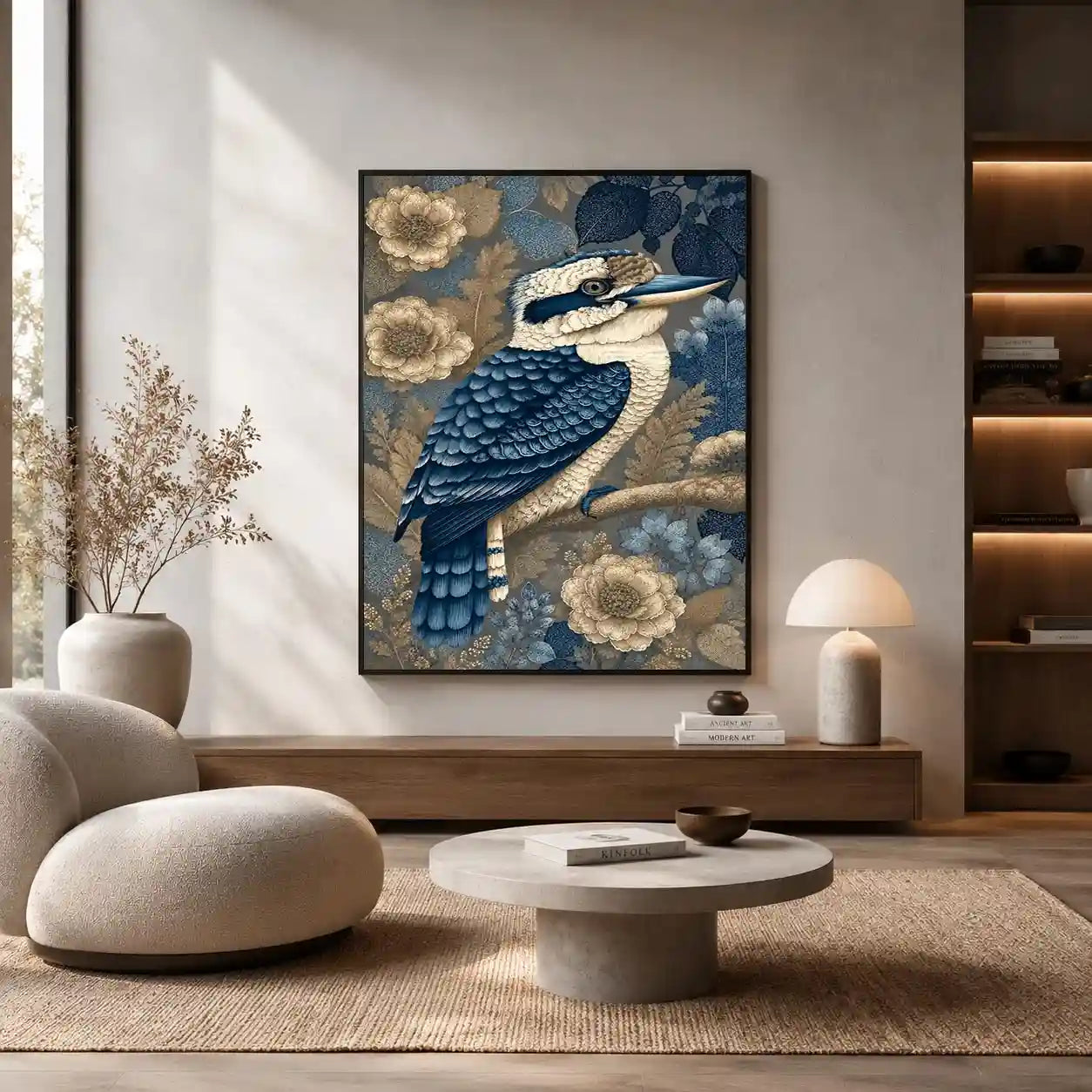 Blue kookaburra canvas print with botanical detail for elegant room decor.